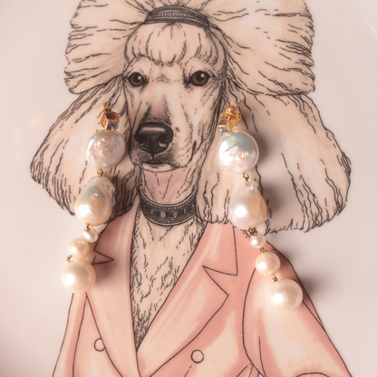 Sketch of a dog earing Aquamarina Pearls Yellow Gold Earrings