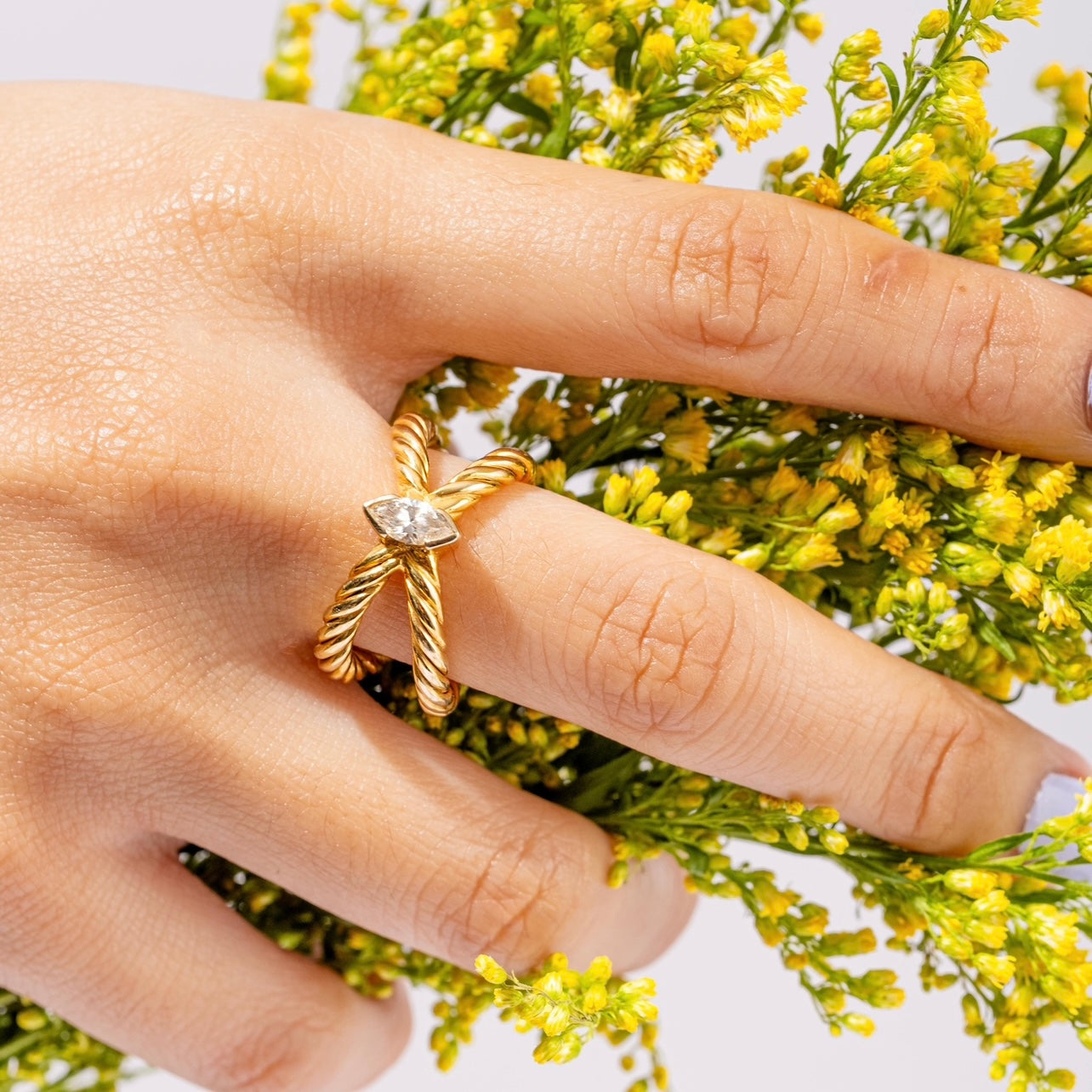 Stunning Bride Yellow Gold Ring on a finger